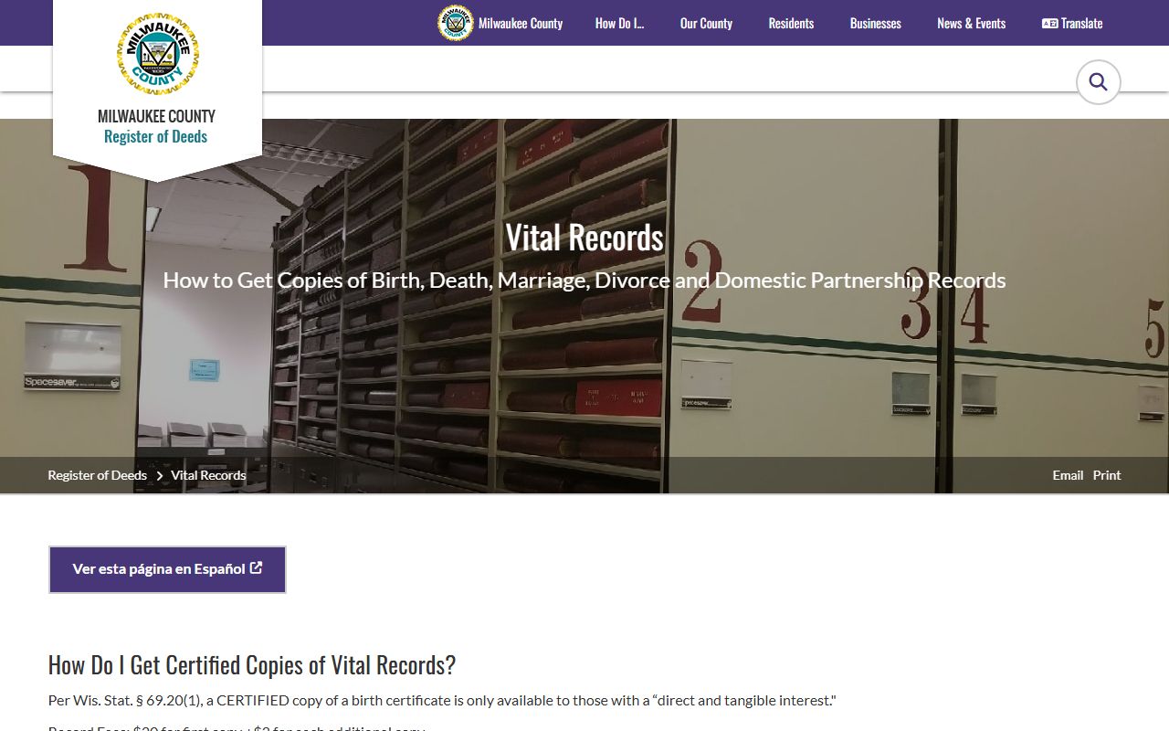 Milwaukee County Register of Deeds vital records order methods and fees