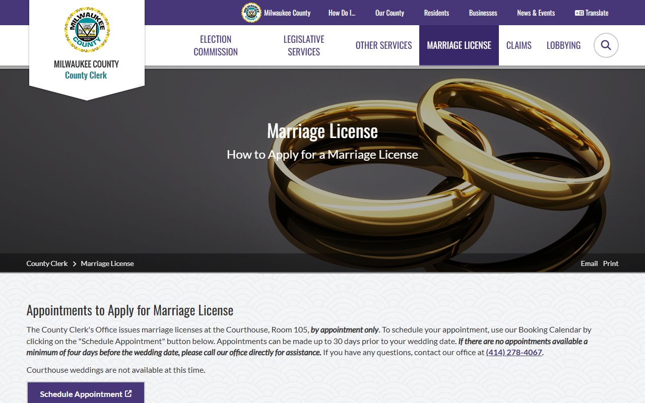 Milwaukee County Clerk marriage license appointment and requirements
