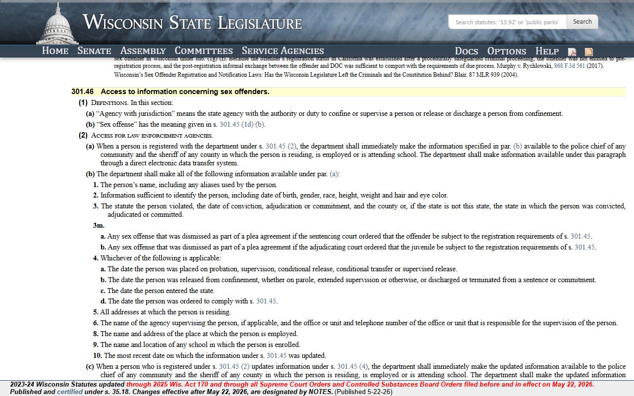 Wisconsin sex offender registry statute tied to Milwaukee County inmate records