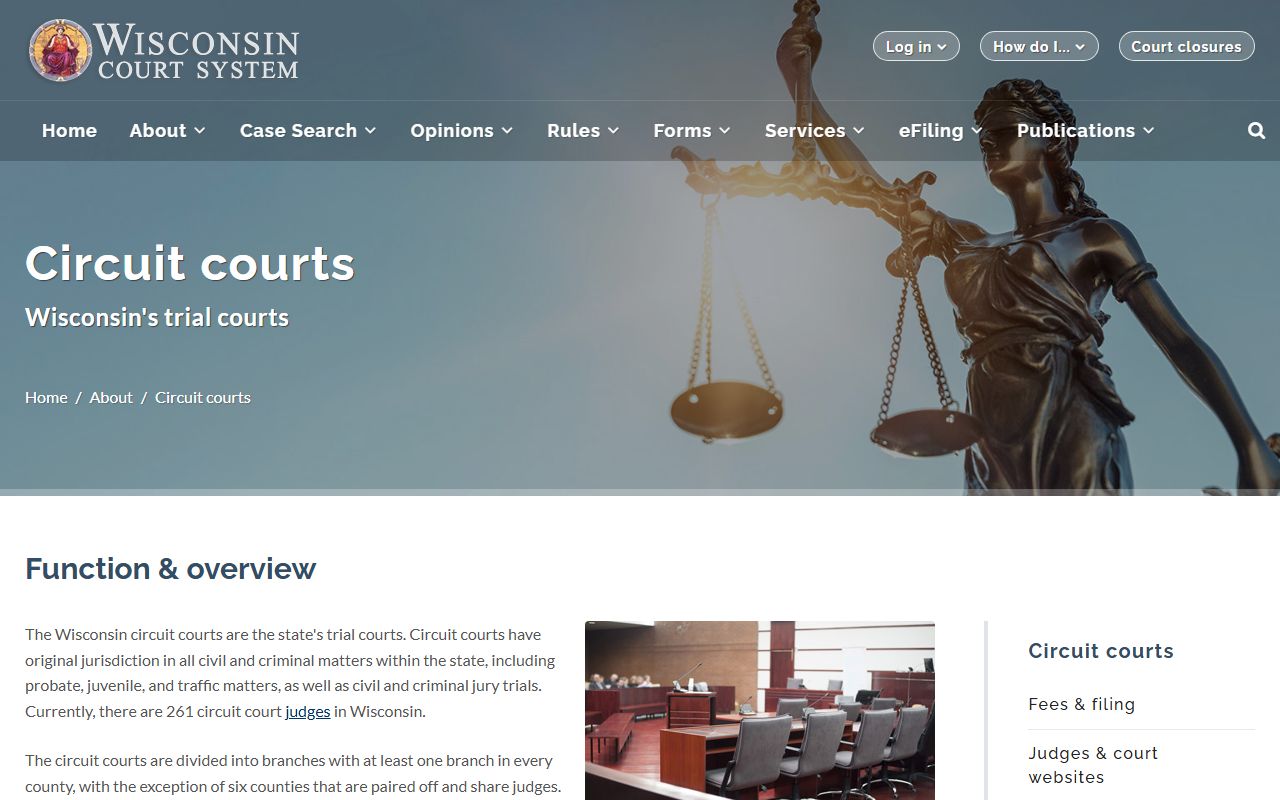 Wisconsin circuit courts page explaining Milwaukee County court records jurisdiction
