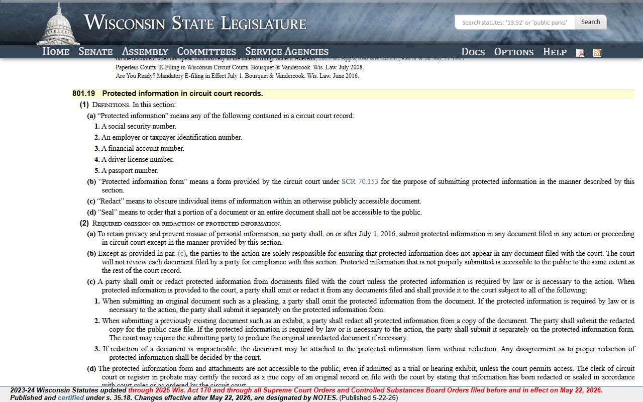 Wisconsin protected personal identifiers statute for Milwaukee County arrest records