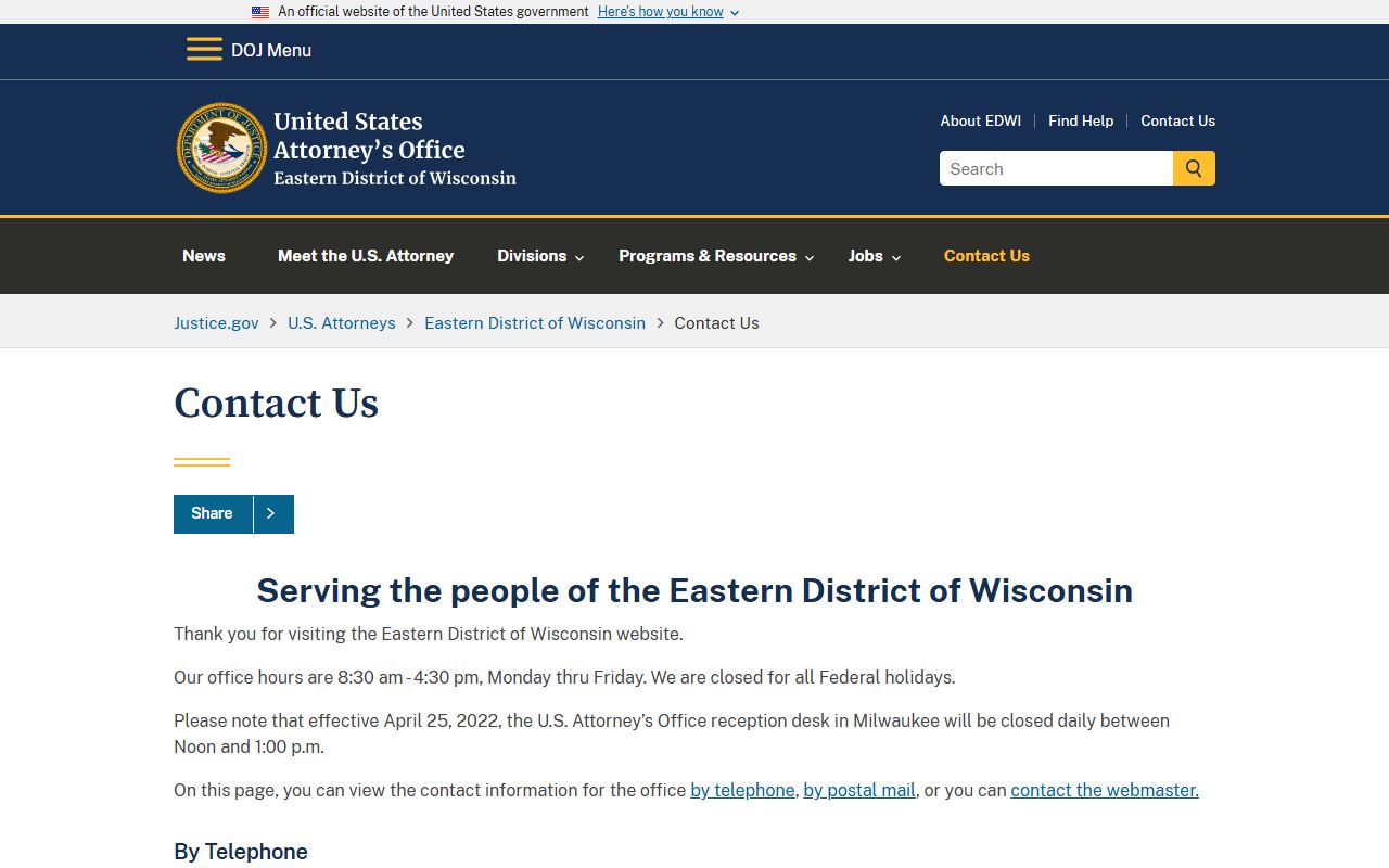 U.S. Attorney Eastern District of Wisconsin federal arrest records contact