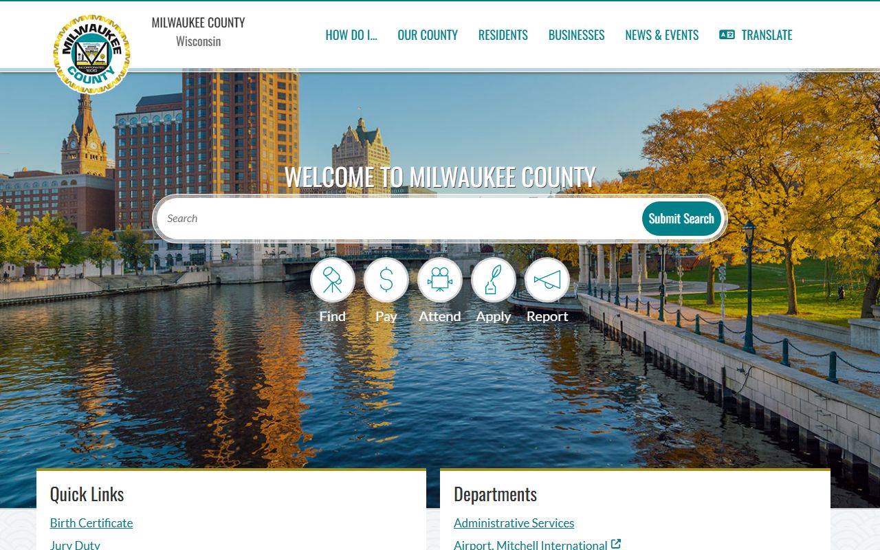 Milwaukee County government homepage with court and records department links