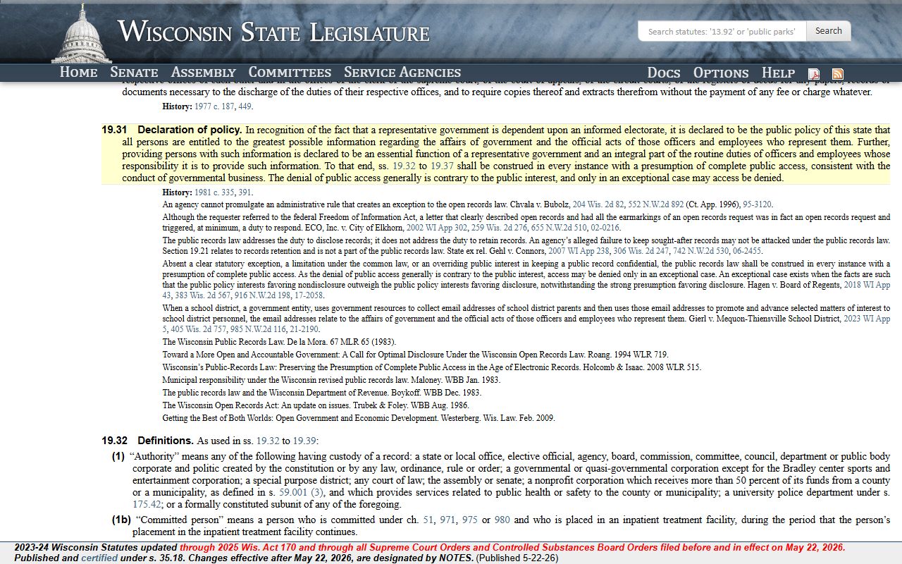 Wisconsin public records policy statute for Milwaukee County public records
