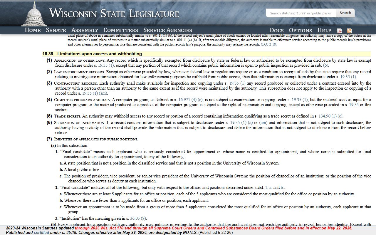 Wisconsin public records limitations statute for Milwaukee County records